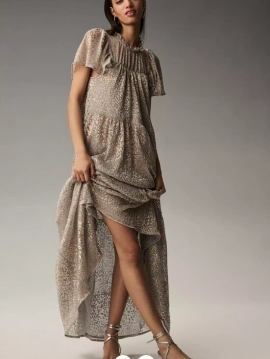 By Anthropologie Dresses & Skirts - NWT Anthropologie Women's Large Short-Sleeve Mock-Neck Maxi Dress Metallic
